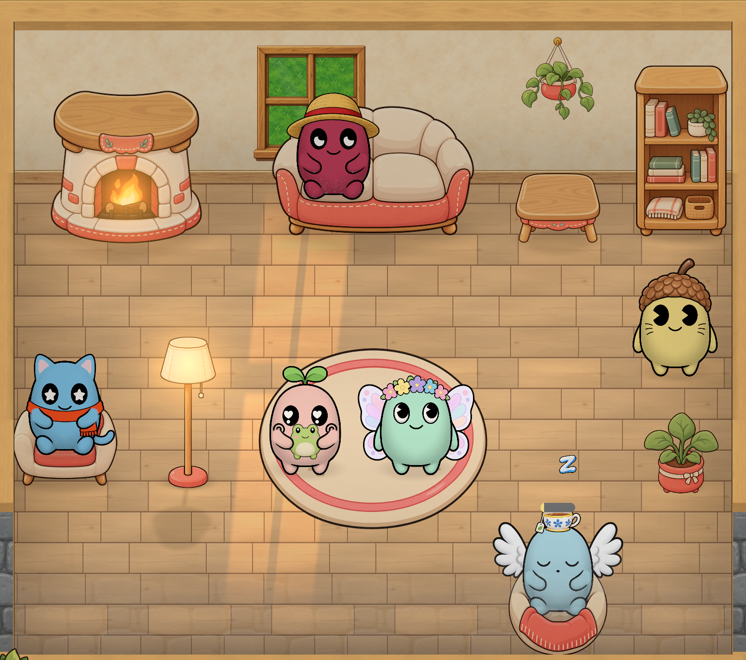 Pochis sharing a room with a fireplace, plants and soft chairs.