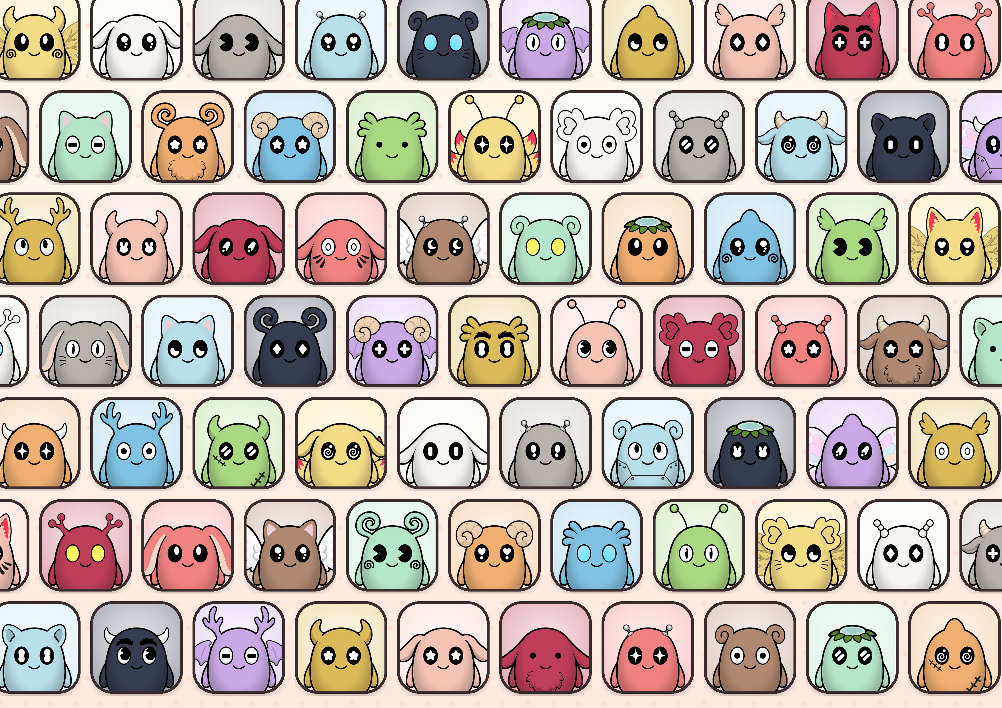 さまざまな色や姿のポチが並ぶコレクション。