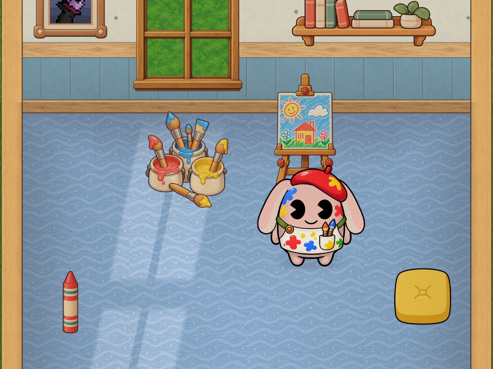 A Pochi in a painter costume in a room decorated with an easel and paints.
